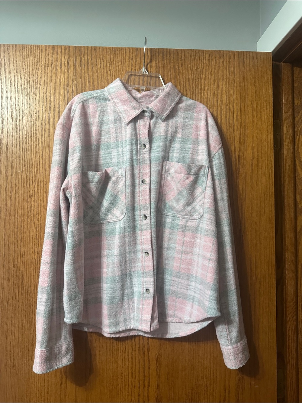 beachlunchlounge Pink and Light Gray Plaid Button-Down Shirt